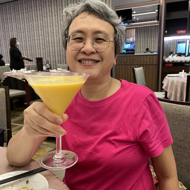 Foong-Ha enjoys a fancy drink